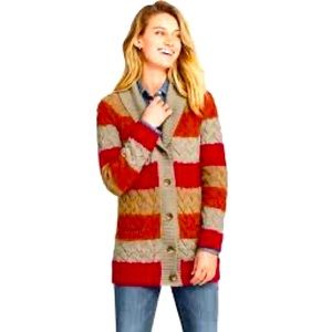 Lands End Drifter Cable Knit Sweater Red Orange Button Up 100% Cotton Size Small